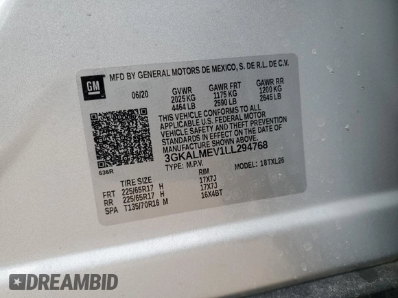 2020 GMC Terrain SLE with VIN 3GKALMEV1LL294768, listed as a Copart auction lot 46607845 with 51,230 mi miles and Salvage Title. Bid and sale history available at DreamBid. Image 13.