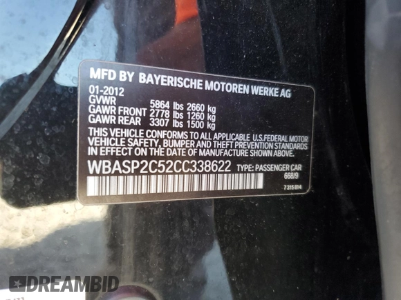 2012 BMW 5 Series GT 535i Gran Turismo xDrive with VIN WBASP2C52CC338622, listed as a Copart auction lot 77604564 with 110,876 mi miles and Salvage Title. Bid and sale history available at DreamBid. Image 14.