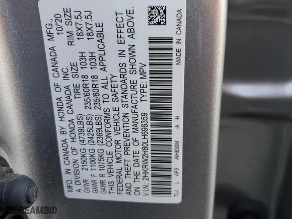 2020 Honda CR-V EX-L with VIN 2HKRW2H80LH696359, listed as a Copart auction lot 76137904 with 23,378 mi miles and Salvage Title. Bid and sale history available at carsss.com. Image 15.