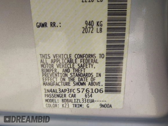 2015 Nissan Altima SL with VIN 1N4AL3AP3FC576106, listed as a IAAI auction lot 41842738 with 222,125 mi miles and . Bid and sale history available at DreamBid. Image 9.