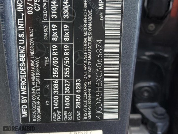 2012 Mercedes-Benz M-Class ML 350 with VIN 4JGDA5HBXCA066874, listed as a Copart auction lot 44847635 with NaN miles and Salvage Title. Bid and sale history available at carsss.com. Image 13.