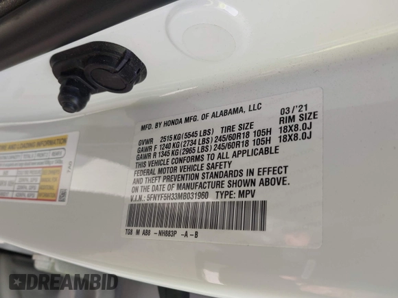 2021 Honda Pilot EX z VIN 5FNYF5H33MB031960, wystawiony jako IAAI lot #41599630 z przebiegiem 32 747 mil mil oraz . Historia ofert i sprzedaży dostępna na DreamBid. Obrazek 9.
