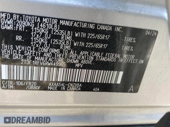 2024 Toyota RAV4 LE with VIN 2T3F1RFV6RW449965, listed as a Copart auction lot 44514995 with 18,720 mi miles and Non Repairable. Bid and sale history available at carsss.com. Image 14.