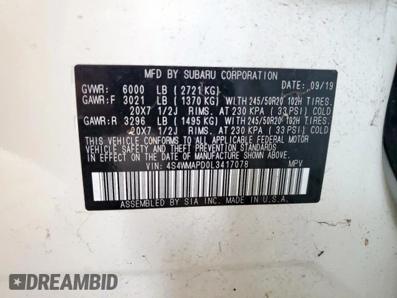 2020 Subaru Ascent Limited z VIN 4S4WMAPD0L3417078, wystawiony jako Copart lot #63427745 z przebiegiem 20 308 mil mil oraz Szkoda całkowita • Salvage title. Historia ofert i sprzedaży dostępna na DreamBid. Obrazek 14.