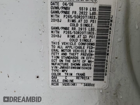 2009 Infiniti FX with VIN JNRAS18W89M150439, listed as a Copart auction lot 46363434 with 144,333 mi miles and Salvage title. Bid and sale history available at DreamBid. Image 12.