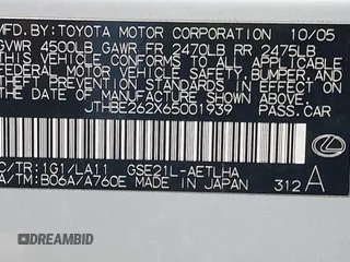 2006 Lexus IS 350 with VIN JTHBE262X65001939, listed as a IAAI auction lot 42454686 with 186,536 mi miles and . Bid and sale history available at DreamBid. Image 9.