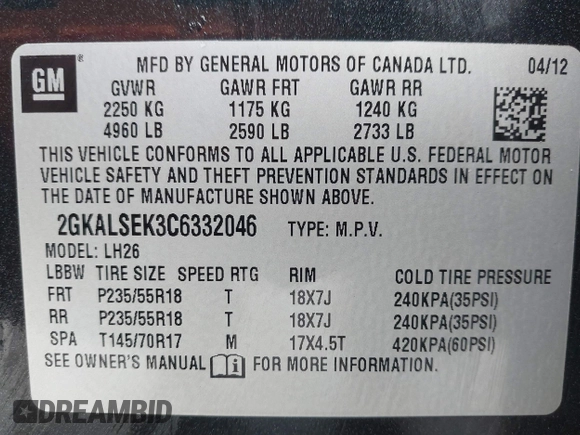 2012 GMC Terrain SLE-2 with VIN 2GKALSEK3C6332046, listed as a IAAI auction lot 41469604 with 164,948 mi miles. Bid and sale history available at carsss.com. Image 9.
