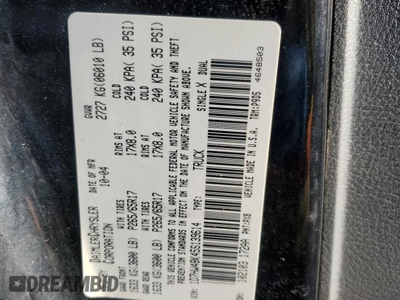 2005 Dodge Dakota SLT z VIN 1D7HW48K45S139614, wystawiony jako Copart lot #83898134 z przebiegiem 200 188 mil mil oraz Szkoda całkowita • Salvage title. Historia ofert i sprzedaży dostępna na DreamBid. Obrazek 14.