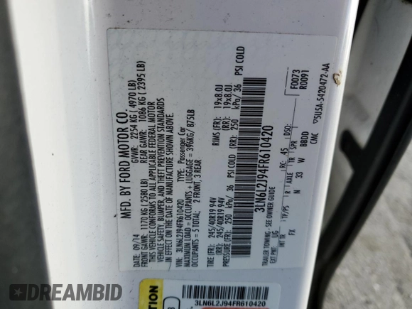 2015 Lincoln MKZ with VIN 3LN6L2J94FR610420, listed as a Copart auction lot 52308305 with 149,291 mi miles and Salvage title. Bid and sale history available at DreamBid. Image 14.