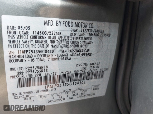 2005 Ford Five Hundred Limited with VIN 1FAFP25135G184101, listed as a IAAI auction lot 42577022 with 177,247 mi miles and . Bid and sale history available at DreamBid. Image 9.