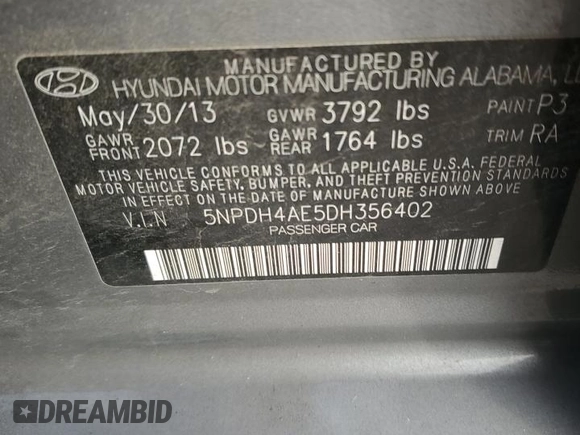 2013 Hyundai Elantra Limited with VIN 5NPDH4AE5DH356402, listed as a Copart auction lot 49293705 with 222,868 mi miles and Salvage Title. Bid and sale history available at DreamBid. Image 14.