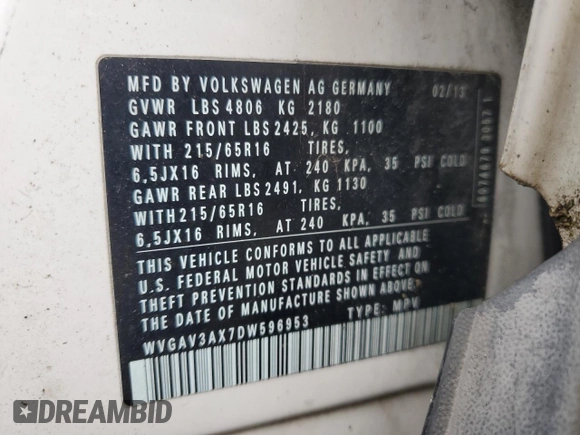 2013 Volkswagen Tiguan S with VIN WVGAV3AX7DW596953, listed as a Copart auction lot 53107845 with 131,732 mi miles and Clean title. Bid and sale history available at DreamBid. Image 13.