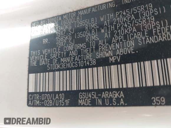 2012 Toyota Highlander Limited with VIN 5TDDK3EH0CS101438, listed as a IAAI auction lot 41893208 with 262,909 mi miles and . Bid and sale history available at DreamBid. Image 9.