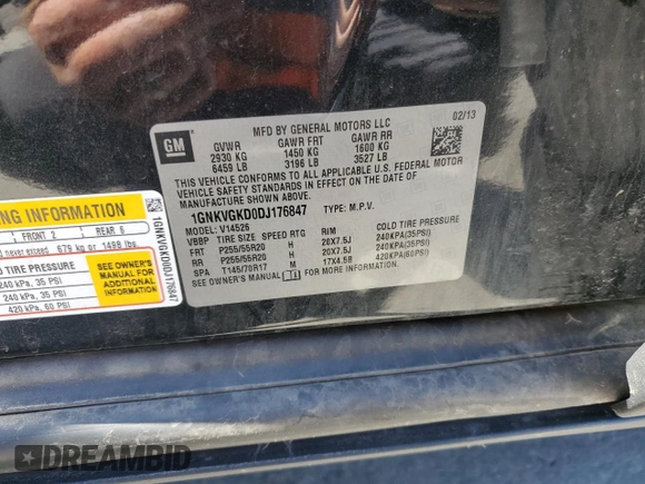 2013 Chevrolet Traverse LT with VIN 1GNKVGKD0DJ176847, listed as a Copart auction lot 54670715 with 151,636 mi miles and Salvage Title. Bid and sale history available at DreamBid. Image 13.