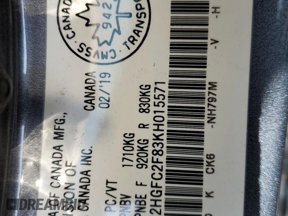 2019 Honda Civic Sedan Sport with VIN 2HGFC2F83KH015571, listed as a Copart auction lot 48197865 with 96,046 mi miles and Salvage Title. Bid and sale history available at carsss.com. Image 13.