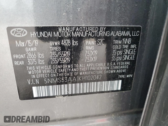 2019 Hyundai Santa Fe Ultimate with VIN 5NMS53AA1KH102042, listed as a Copart auction lot 85954374 with 23,077 mi miles and Salvage Title. Bid and sale history available at carsss.com. Image 13.