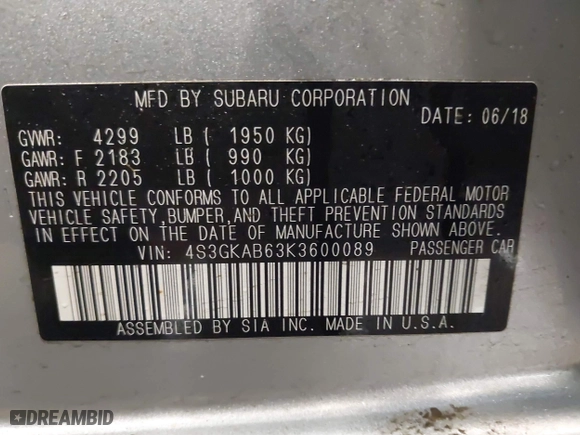 2019 Subaru Impreza with VIN 4S3GKAB63K3600089, listed as a IAAI auction lot 41849888 with 48,397 mi miles. Bid and sale history available at carsss.com. Image 9.
