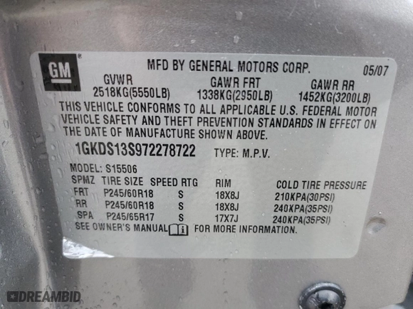 2007 GMC Envoy SLE with VIN 1GKDS13S972278722, listed as a Copart auction lot 42640875 with 159,684 mi miles and Salvage Title. Bid and sale history available at carsss.com. Image 13.