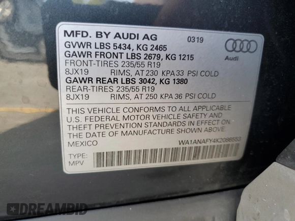 2019 Audi Q5 Premium with VIN WA1ANAFY4K2086553, listed as a Copart auction lot 46258075 with 97,817 mi miles and Non Repairable. Bid and sale history available at carsss.com. Image 15.