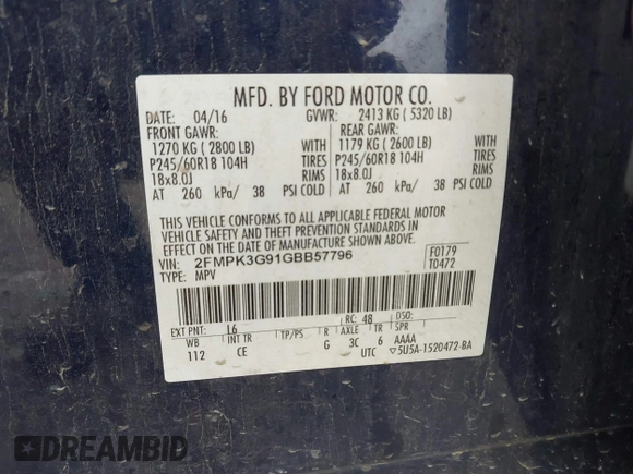 2016 Ford Edge SE with VIN 2FMPK3G91GBB57796, listed as a IAAI auction lot 42332179 with 122,400 mi miles and . Bid and sale history available at DreamBid. Image 9.