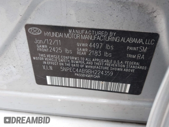 2011 Hyundai Sonata Limited with VIN 5NPEC4AB9BH224359, listed as a IAAI auction lot 41612964 with 159,679 mi miles and . Bid and sale history available at DreamBid. Image 9.