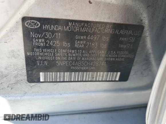 2012 Hyundai Sonata Limited with VIN 5NPEC4AB5CH428741, listed as a Copart auction lot 52234495 with 247,892 mi miles and Clean Title. Bid and sale history available at DreamBid. Image 12.