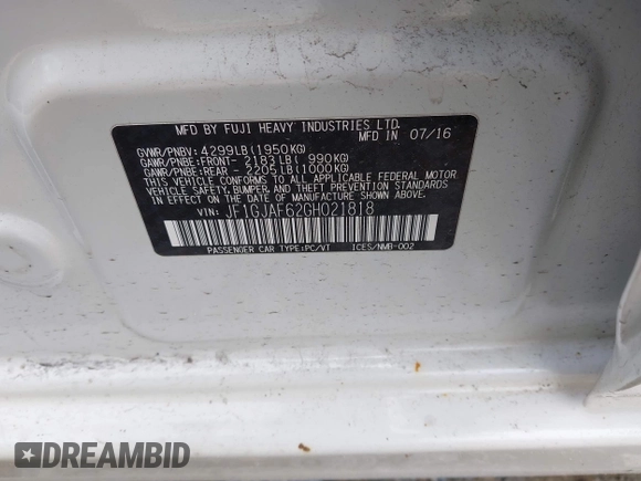 2016 Subaru Impreza Premium с VIN JF1GJAF62GH021818, выставлен на аукционе IAAI как лот 41989570 с пробегом 120 455 миль миль и . История ставок и продаж доступна на DreamBid. Изображение 9.