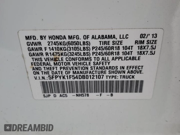 2013 Honda Ridgeline RTL with VIN 5FPYK1F54DB012107, listed as a Copart auction lot 87448454 with 113,178 mi miles and Salvage title. Bid and sale history available at DreamBid. Image 12.