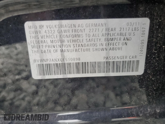 2012 Volkswagen CC Sport PZEV with VIN WVWNP7ANXCE510898, listed as a Copart auction lot 73659734 with 0 mi miles and Salvage Title. Bid and sale history available at carsss.com. Image 14.