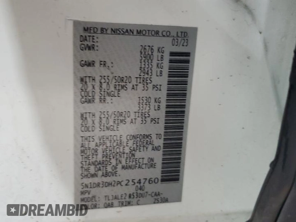 2023 Nissan Pathfinder Platinum z VIN 5N1DR3DH2PC254760, wystawiony jako Copart lot #55861115 z przebiegiem 20 265 mil mil oraz Szkoda całkowita • Salvage title. Historia ofert i sprzedaży dostępna na DreamBid. Obrazek 13.