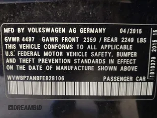 2015 Volkswagen CC R-Line with VIN WVWBP7AN8FE828106, listed as a IAAI auction lot 41867821 with 67,067 mi miles and . Bid and sale history available at DreamBid. Image 9.