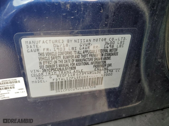 2018 Nissan Kicks SV with VIN 3N1CP5CU9JL511928, listed as a Copart auction lot 83974934 with 47,966 mi miles and Salvage Title. Bid and sale history available at carsss.com. Image 14.