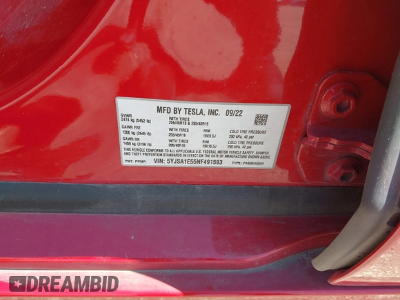 2022 Tesla Model S с VIN 5YJSA1E55NF491593, выставлен на аукционе IAAI как лот 42223771 с пробегом 58 875 миль миль и . История ставок и продаж доступна на DreamBid. Изображение 9.