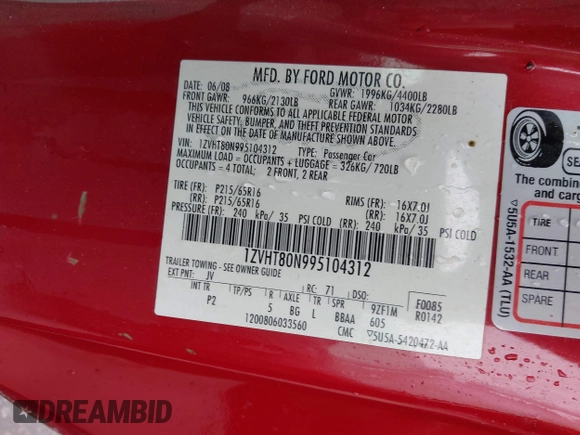 2009 Ford Mustang с VIN 1ZVHT80N995104312, выставлен на аукционе IAAI как лот 42294223 с пробегом 199 200 миль миль и . История ставок и продаж доступна на DreamBid. Изображение 9.