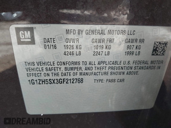 2016 Chevrolet Malibu Premier with VIN 1G1ZH5SX3GF212768, listed as a IAAI auction lot 41466904 with 91,857 mi miles and . Bid and sale history available at DreamBid. Image 9.