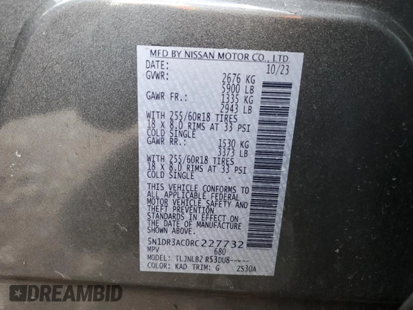 2024 Nissan Pathfinder S с VIN 5N1DR3AC0RC227732, выставлен на аукционе Copart как лот 85180954 с пробегом Не указан миль и Списание • Salvage title. История ставок и продаж доступна на DreamBid. Изображение 14.