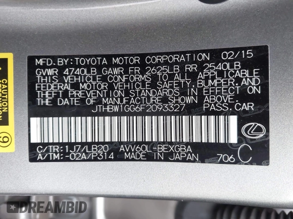 2015 Lexus ES 300h with VIN JTHBW1GG6F2093327, listed as a IAAI auction lot 42107023 with 102,502 mi miles and . Bid and sale history available at DreamBid. Image 9.