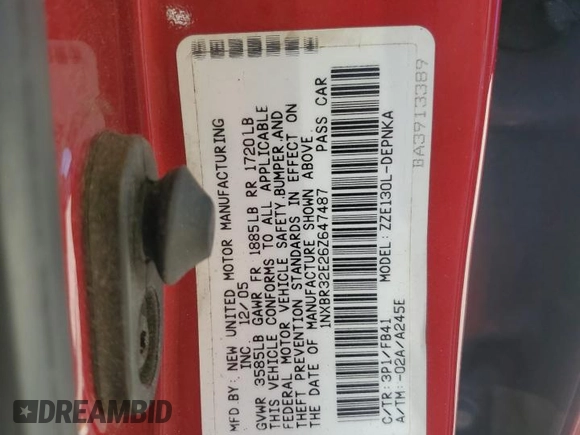 2006 Toyota Corolla CE with VIN 1NXBR32E26Z647487, listed as a Copart auction lot 48307705 with 299,999 mi miles and Salvage Title. Bid and sale history available at DreamBid. Image 14.