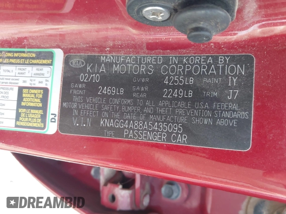 2010 Kia Optima LX z VIN KNAGG4A88A5435095, wystawiony jako IAAI lot #42085605 z przebiegiem 188 685 mil mil oraz . Historia ofert i sprzedaży dostępna na DreamBid. Obrazek 9.