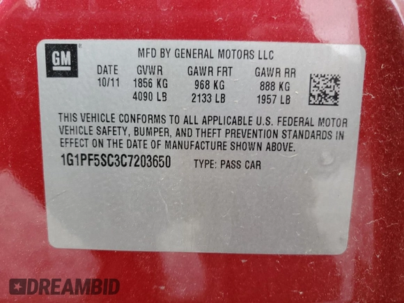 2012 Chevrolet Cruze LT w/1LT with VIN 1G1PF5SC3C7203650, listed as a Copart auction lot 49830155 with 137,805 mi miles and Salvage Title. Bid and sale history available at carsss.com. Image 13.