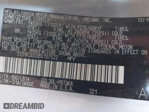 2011 Toyota Sienna XLE AAS with VIN 5TDYK3DC0BS107522, listed as a IAAI auction lot 42207305 with 171,857 mi miles and . Bid and sale history available at DreamBid. Image 9.