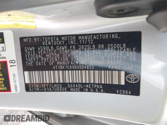 2013 Toyota Avalon XLE with VIN 4T1BK1EB9DU004853, listed as a IAAI auction lot 42018406 with 139,566 mi miles and . Bid and sale history available at DreamBid. Image 9.
