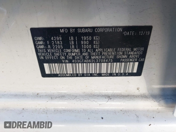 2020 Subaru Impreza with VIN 4S3GTAB62L3708475, listed as a IAAI auction lot 41211458 with 32,510 mi miles and . Bid and sale history available at DreamBid. Image 9.