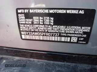 2023 BMW i4 M50 with VIN WBY33AW05PFR07737, listed as a Copart auction lot 44055154 with 9,252 mi miles and Salvage Title. Bid and sale history available at carsss.com. Image 12.