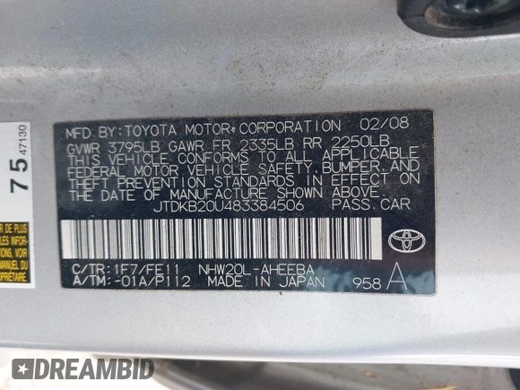 2008 Toyota Prius z VIN JTDKB20U483384506, wystawiony jako IAAI lot #42394344 z przebiegiem 208 150 mil mil oraz . Historia ofert i sprzedaży dostępna na DreamBid. Obrazek 9.