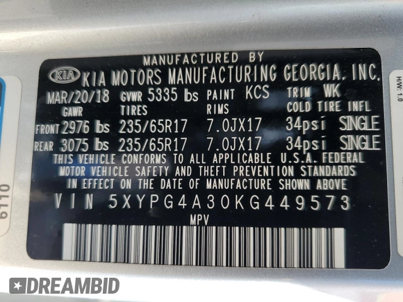 2019 Kia Sorento LX with VIN 5XYPG4A30KG449573, listed as a Copart auction lot 48231315 with 83,287 mi miles and Salvage Title. Bid and sale history available at carsss.com. Image 14.
