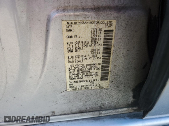 2009 Nissan Pathfinder S with VIN 5N1AR18B09C611952, listed as a Copart auction lot 70208704 with 190,531 mi miles and Non Repairable. Bid and sale history available at carsss.com. Image 12.