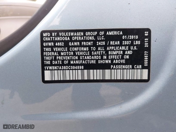 2013 Volkswagen Passat TDI SE w/Sunroof with VIN 1VWBN7A38DC094898, listed as a IAAI auction lot 41709347 with 120,035 mi miles. Bid and sale history available at carsss.com. Image 9.