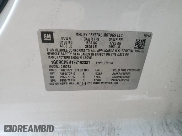 2015 Chevrolet Silverado 1500 LS with VIN 1GCRCPEH1FZ192331, listed as a Copart auction lot 55671915 with 65,882 mi miles and Salvage Title. Bid and sale history available at DreamBid. Image 12.