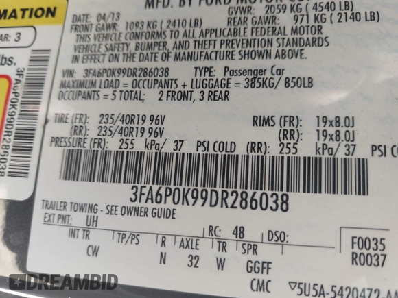 2013 Ford Fusion Titanium with VIN 3FA6P0K99DR286038, listed as a IAAI auction lot 42794945 with 224,346 mi miles and . Bid and sale history available at DreamBid. Image 9.